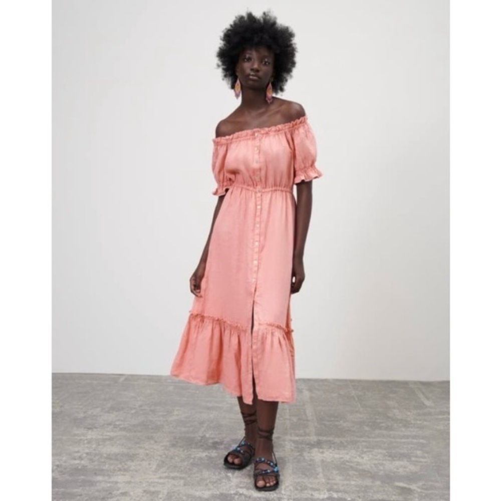 Zara Pink Ruffle Tiered Off Shoulder Puff Sleeves Linen Midi Dress size S
